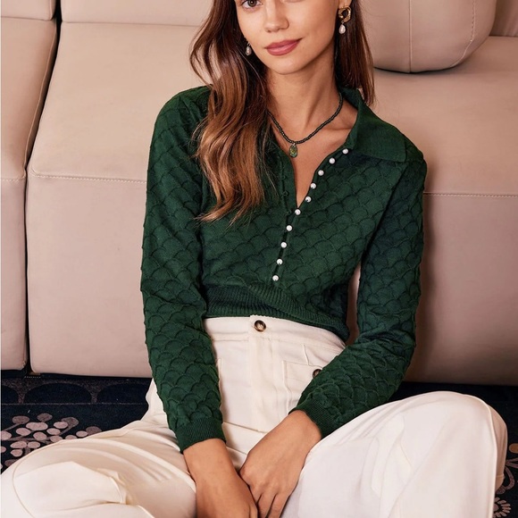 Rihoas Dark Green Lapel Ribbed Textured Knit Top - Picture 1 of 7